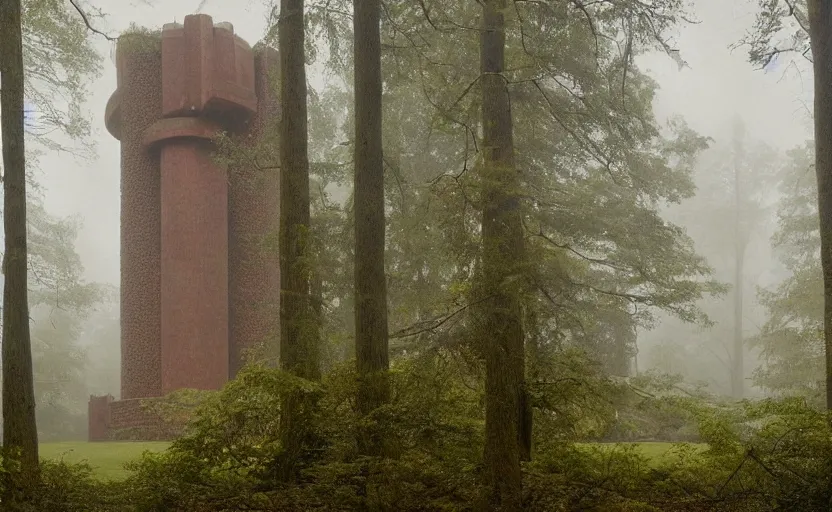 Prompt: a neoclassical tower with dome on a magical gloomy mystical forest. by frank lloyd wright