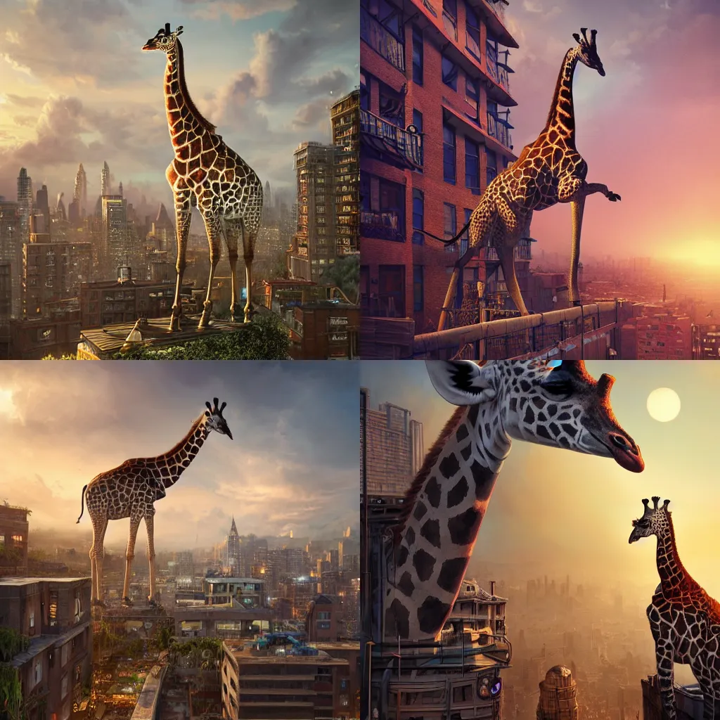 Prompt: rooftop occupied by a giraffe, fantasy, intricate, epic lighting, cinematic composition, hyper realistic, 8 k resolution, unreal engine 5, by artgerm, tooth wu, dan mumford, beeple, wlop, rossdraws, james jean, marc simonetti, artstation