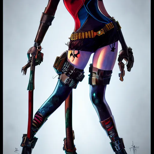 Prompt: harley quinn from the suicide quad, full body shot, fantasy, medieval, vivid colors, elegant, concept art, sharp focus, beautiful face, digital art, Hyper-realistic, 4K, Unreal Engine, Highly Detailed, HD, Dramatic Lighting by Brom, trending on Artstation