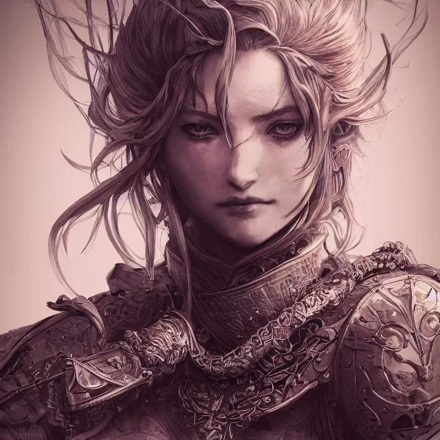 Image similar to the portrait of neutral evil fallen female knight vagabond as absurdly beautiful, gorgeous, elegant, sophisticated, woman, an ultrafine hyperdetailed illustration by kim jung gi, irakli nadar, intricate linework, bright colors, octopath traveler, final fantasy, unreal engine 5 highly rendered, global illumination, radiant light, detailed and intricate environment