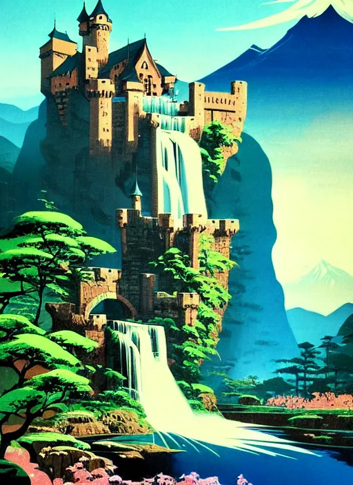 Prompt: magical castle, waterfall, river, mountain, scenery wallpaper aesthetic, beautiful, cinematic, dramatic, super detailed and intricate, hyper realistic, by koson ohara, by darwyn cooke, by hiroshi yoshida