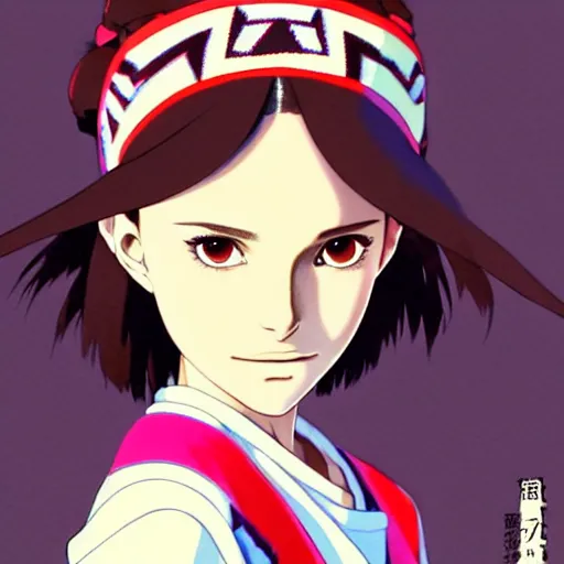 Image similar to a beautiful! boyish! natalie portman alluring gravure! model, wearing japanese school girl outfit with mayan pattern and native style, aztec street fashion, gapmoe yandere grimdark, trending on pixiv fanbox, painted by greg rutkowski makoto shinkai takashi takeuchi studio ghibli, akihiko yoshida