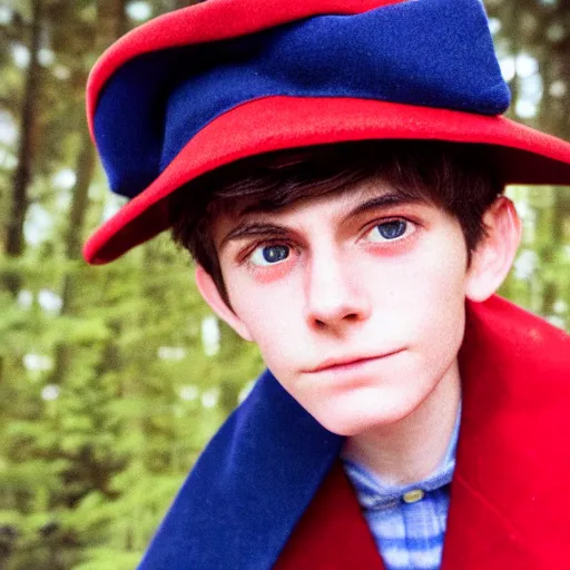 Prompt: super close up portrait of wirt from over the garden wall. a 1 6 years old gloomy awkward boy with big brown eyes and shaggy brown hair wearing a red dunce hat and a blue navy cape, standing in the forest, kodachrome photograph, 1 9 9 5, 4 k, canon, flash photography