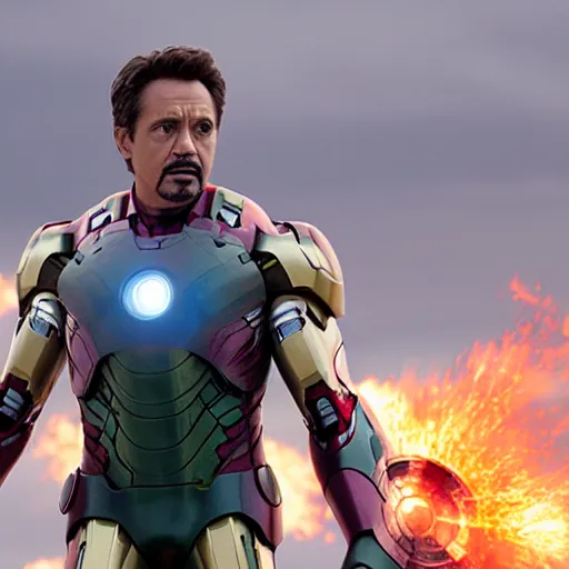 Prompt: promotional image of Mark Ruffalo as Iron Man in Iron Man（2008）, he wears Iron Man armor without his face, movie still frame, promotional image, imax 70 mm footage