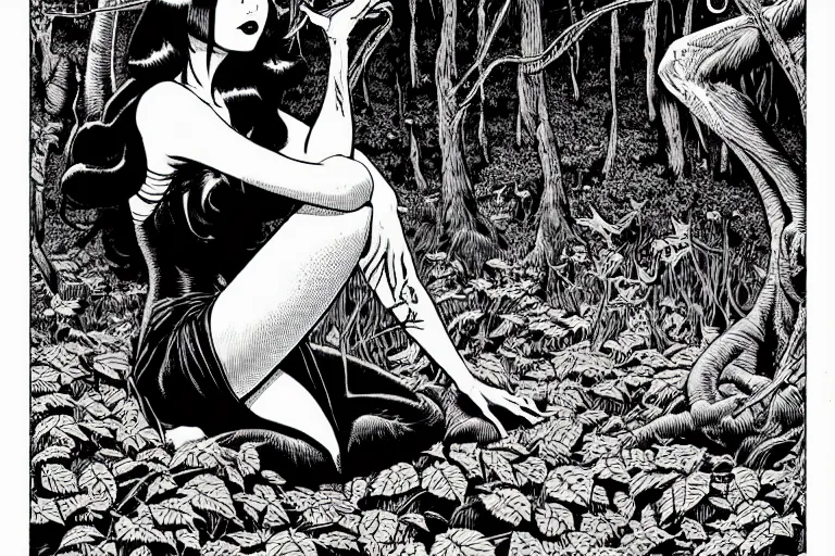 Prompt: a stunning demon girl sitting in an autumn forest, fantasy graphic novel style, by wendy pini and virgil finlay, intricate, very fine inking lines, extremely detailed, 4k, hd