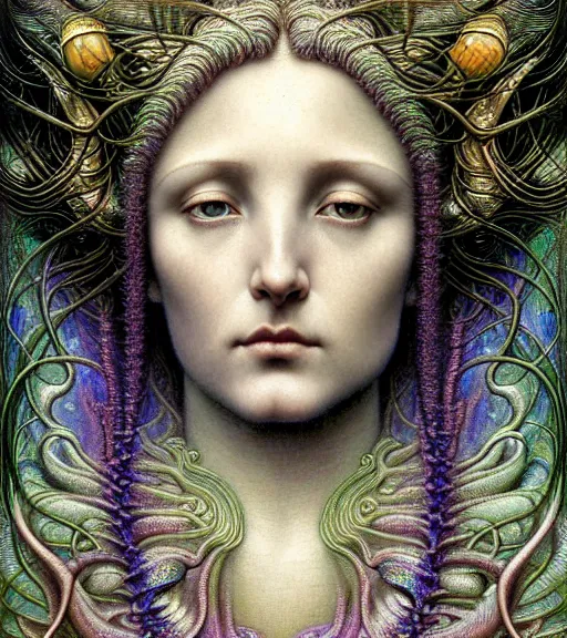 Image similar to detailed realistic beautiful iridescent goddess face portrait by jean delville, gustave dore, iris van herpen and marco mazzoni, art forms of nature by ernst haeckel, art nouveau, symbolist, visionary, gothic, neo - gothic, pre - raphaelite, fractal lace, intricate alien botanicals, biodiversity, surreality, hyperdetailed ultrasharp octane render