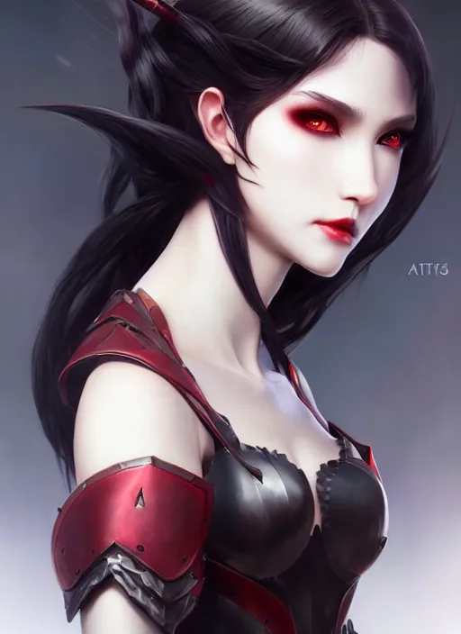 Image similar to full plate armor!!! beautiful and elegant dark hair female vampire!! gorgeous ayes!! character concept art, sharp focus, octane render! unreal engine 5! highly rendered!! trending on artstation!! detailed linework!! illustration by artgerm, wlop, and chie yoshii