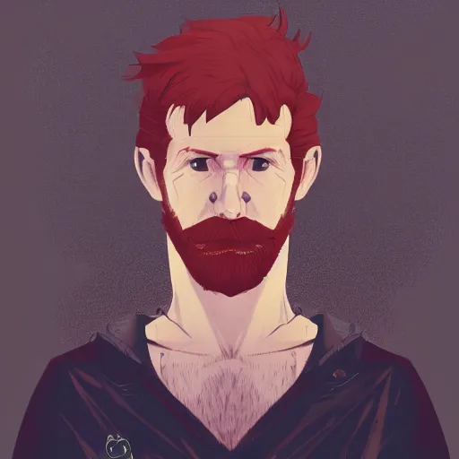 Image similar to redheaded man with beard staring ominously into a camera, grim, raypunk, cryengine, by Ilya Kuvshinov