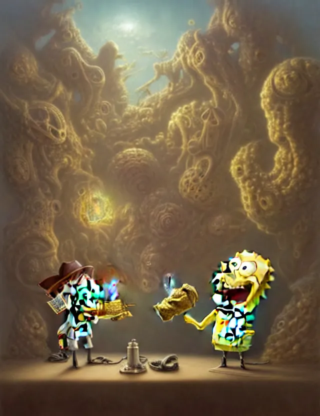 Prompt: front shot of spongebob smoking weed with elon musk, (((intricate))), elegant, highly detailed, centered, (((artstation, concept art, smooth, sharp focus, artgerm, Tomasz Alen Kopera, Peter Mohrbacher, donato giancola, Joseph Christian Leyendecker, WLOP, Boris Vallejo))), mugshot!!!!!, ugly!!!!!!, octane render, nvidia raytracing demo, grainy, muted, 8K, digitalblasphemy