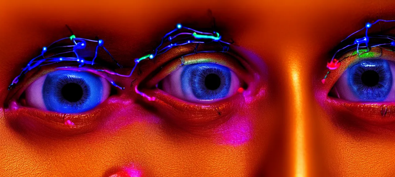 Prompt: beauty, three eyed humanoids, close ups, vivid colors, thin wires, beautiful lighting