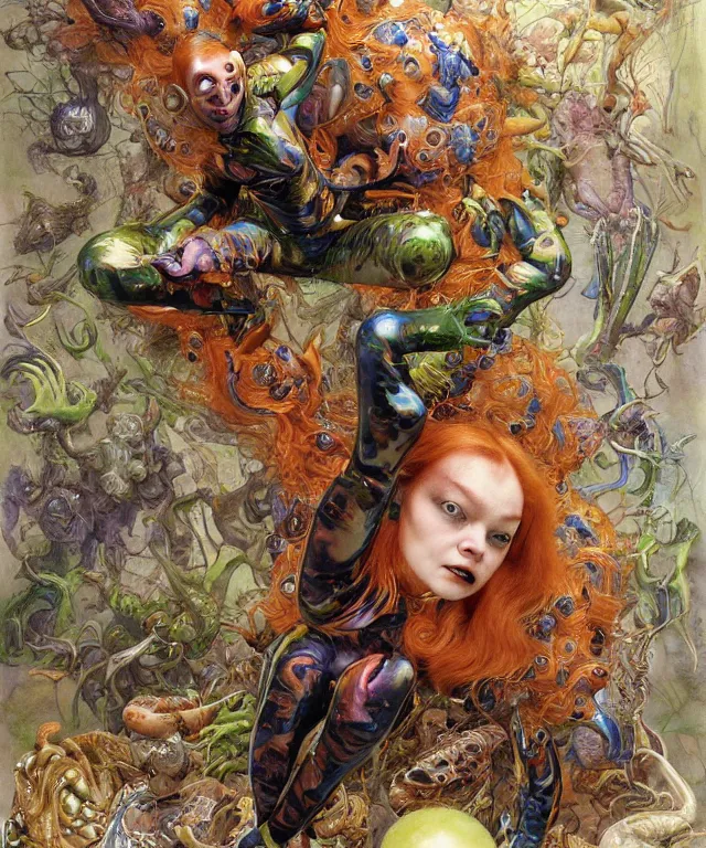 Image similar to a portrait photograph of a fierce mutated hybrid super villian with slimy skin. she looks like sadie sink and is fighting in a colorful infected bulbous shiny organic catsuit. by donato giancola, hans holbein, walton ford, gaston bussiere, peter mohrbacher and brian froud. 8 k, cgsociety, fashion editorial