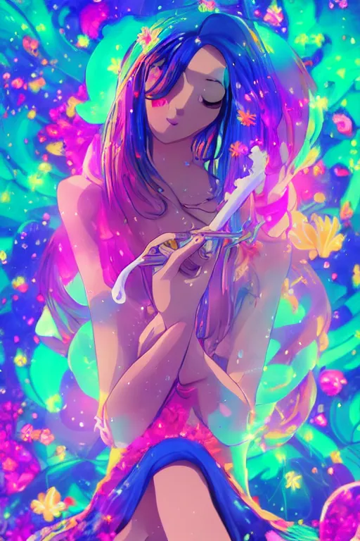 Image similar to psychedelic, whimsical, anime, 4k, beautiful intimate woman vaping with professional makeup, long trippy hair, a crystal and flower dress, sitting in a reflective pool, surrounded by gems, underneath the stars, rainbow fireflies, trending on patreon, deviantart, twitter, artstation, volumetric lighting, heavy contrast, art style of Ross Tran and Ilya Kuvshinov