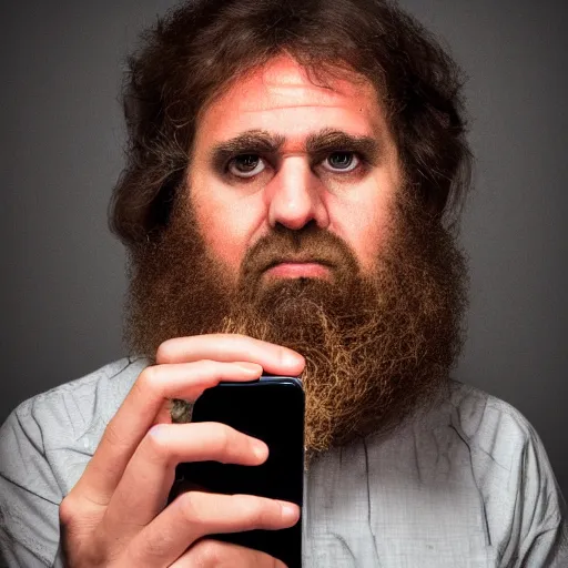 Image similar to caveman holding iphone, portrait