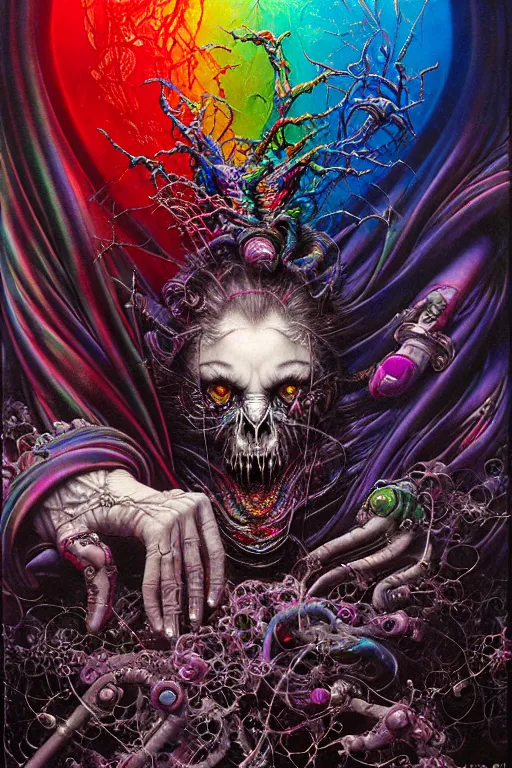 Prompt: realistic detailed image of wrathful glass rainbow nightmare scientist god hdr cinematic action horror by lisa frank, john martin, ayami kojima, amano, karol bak, greg hildebrandt, and mark brooks, neo - gothic, gothic, rich deep colors. beksinski painting, part by adrian ghenie and gerhard richter. art by takato yamamoto. masterpiece