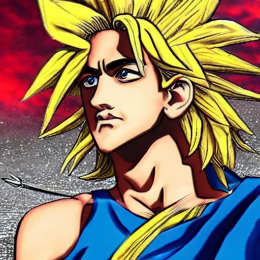 Prompt: photorealistic depiction of alexander the great, with blonde goku hair, style is realistic, colorful, real life