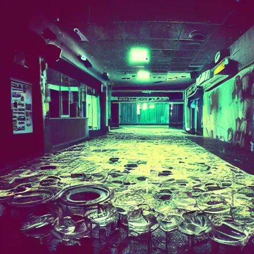 Image similar to lomo photo of empty night club, washed colors, empty bottles everywhere, dust and grease,