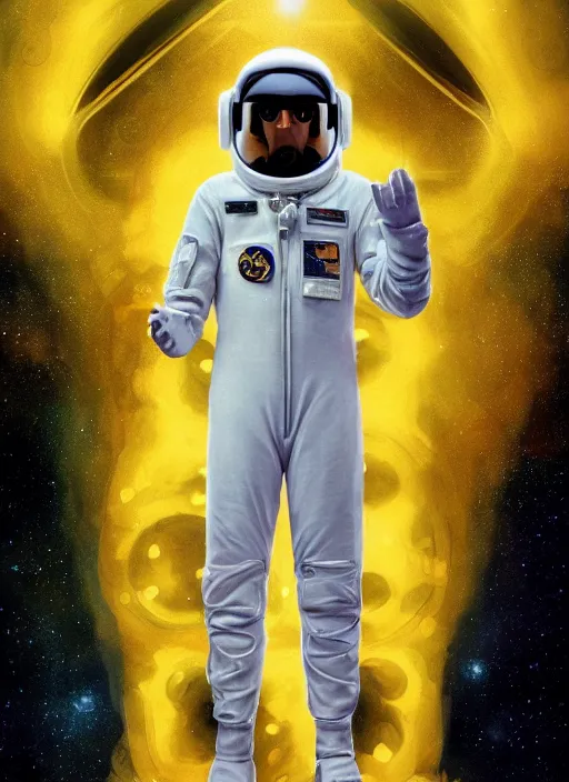 Image similar to ali g astronaut jumpsuit, no helmet, the expanse, sci fi, futuristic, detailed illustration, digital art, trending on artstation, soft ambient lighting, volumetric lighting, rim lighting, yoshitaka amano, alphonse mucha, arney freytag, maxfield parrish, new art nouveau