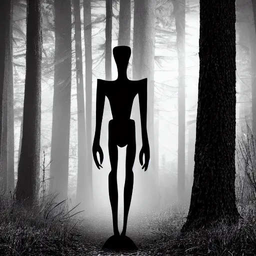 Prompt: black and white tall skinny humanoid creature in a dark forest at night, extremly detailed, 8 k, sharp focus