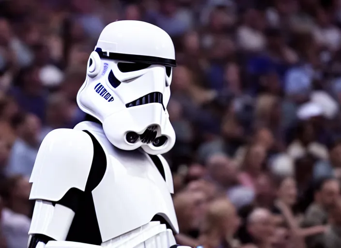 Image similar to ESPN still of Storm trooper playing in the nba playoffs live on espn, 4k