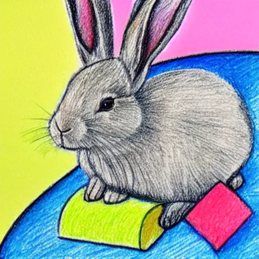 Image similar to crayon drawing of a rabbit standing on a house