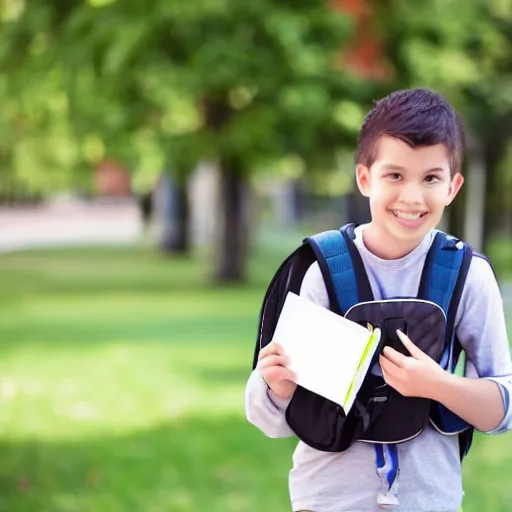 Prompt: happy student boy with holding his notebook with his backpack on