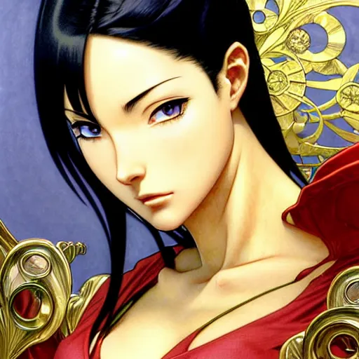 Image similar to intricately detailed vfx portrait of nico robin by eiichiro oda!, makoto shinkai, alphonse mucha, art by artgerm and greg rutkowski!, blue eyes!!, large aquiline nose!!, best of behance, concept art, matte, sharp focus, adolphe bouguereau, annie leibovitz, stanley kubrick,