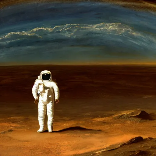 Image similar to astronaut standing on the surface of mars, looking at the turbulent sky on the horizon as painted by caravaggio as painted by turner, high detail 8 k render