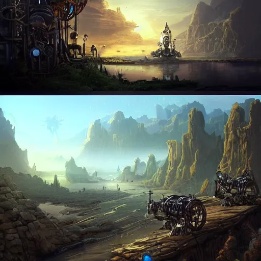 Prompt: Steampunk landscape with clockwork robotic creatures and animals, and vast lakes and vistas, caverns and mountains in the distance, concept art, intricate, sci fi art, cgsociety, trending on artstation