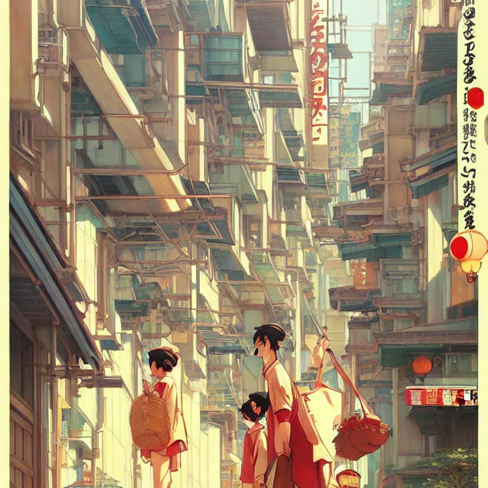 Image similar to japanese big city, summer, in the style of studio ghibli, j. c. leyendecker, greg rutkowski, artem