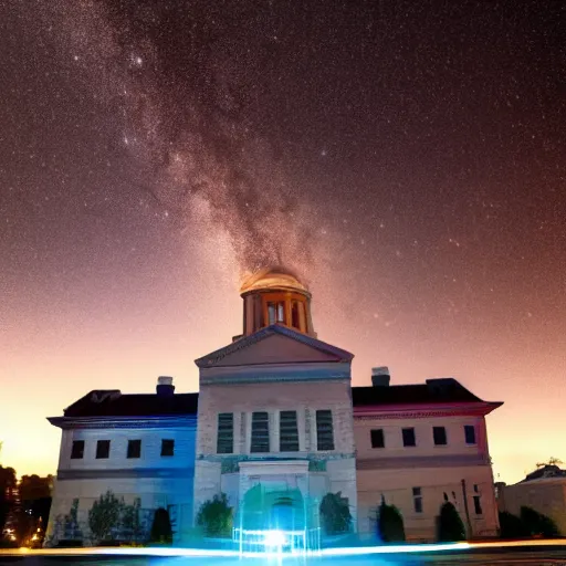 Image similar to courthouse on fire at night with the milky way in the sky, award winning photo, 8k hyperrealistic