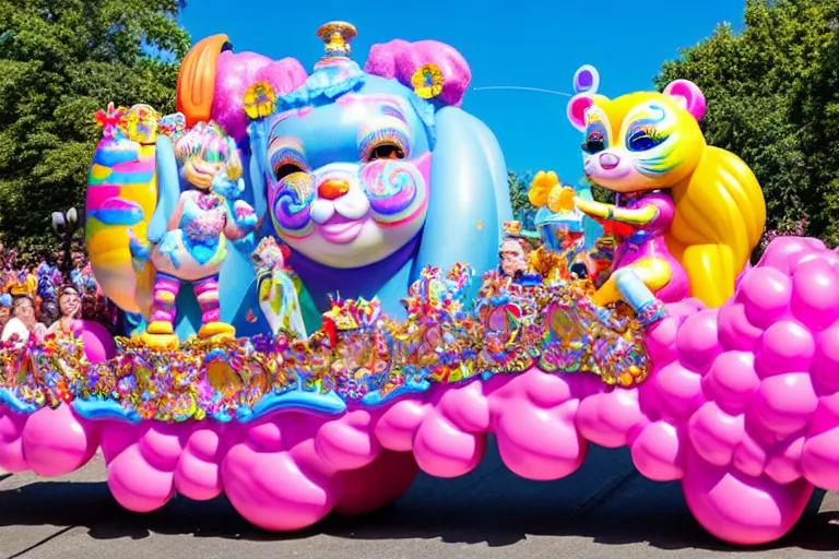 Image similar to photo of giant cute elaborate parade float character designed by ( ( ( ( ( ( ( ( lisa frank ) ) ) ) ) ) ) ) and bosch!!!!!!!!!!!!!!, in the macys parade, detailed 4 k photo,