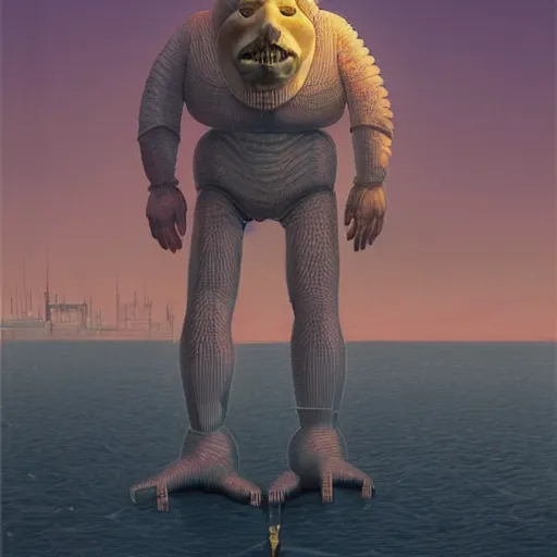 Image similar to unsettling, noble rubbery albino with thin lips, huge eyes and suspicious expression, wearing science fiction police uniform by docks at sunset, by deak ferrand, wayne barlowe, simon stalenhag, and greg rutkowski