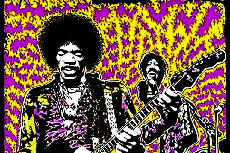 Prompt: grunge rock jimi hendrix, psychedelic concert poster, grainy, surrealist hand drawn by Frank Kozik, extremely detailed.