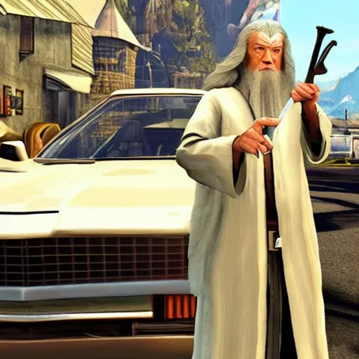 Image similar to Gandalf as a grand theft auto 5 character, cover game art