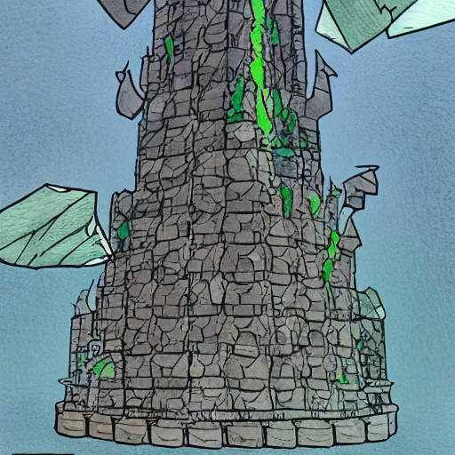 Image similar to A wizard tower next to a few mines and a few caves, lineart, colored