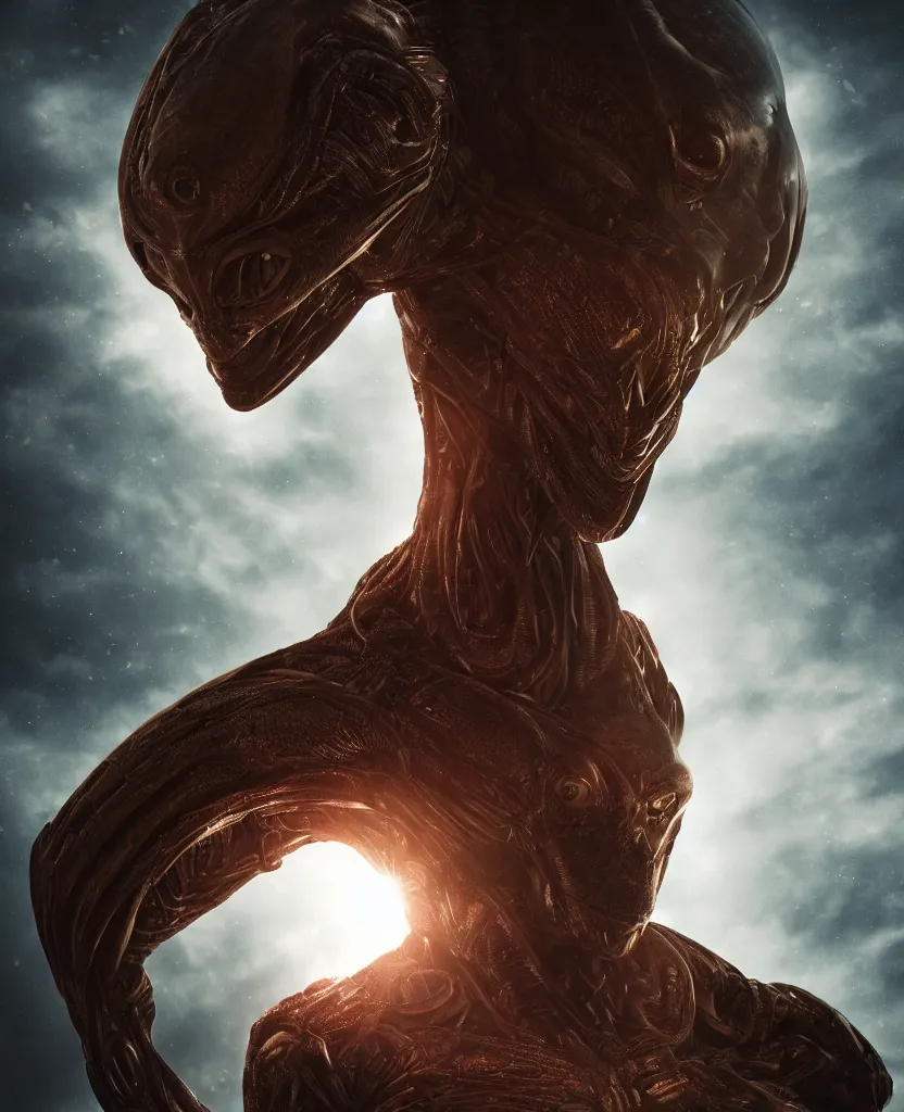 Image similar to a hero portrait of an alien creature looking down at the camera, dramatic rim lighting