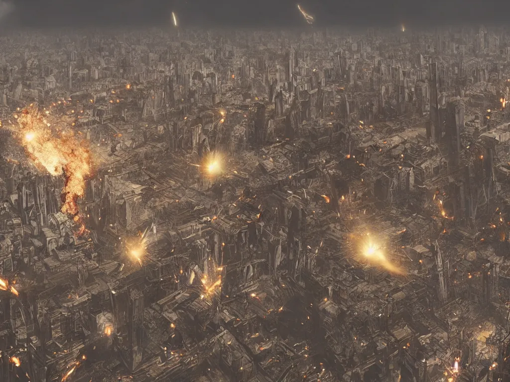 Prompt: city is being destroyed by a falling meteor, view from above, explosion, shreds, ruins, hyperrealistic