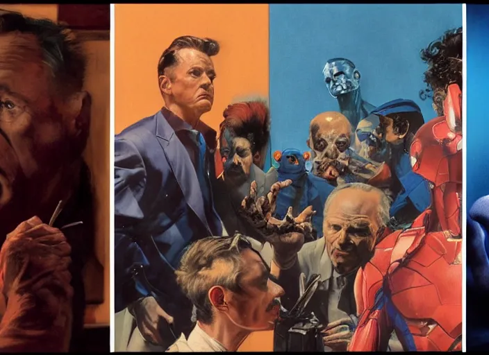 Image similar to a still from the movie avengers : endgame of francis bacon and norman rockwell and james jean, a still from the movie the godfather, and mark brooks, triadic color scheme, by greg rutkowski, syd mead and edward hopper and norman rockwell and beksinski, dark surrealism, orange and turquoise