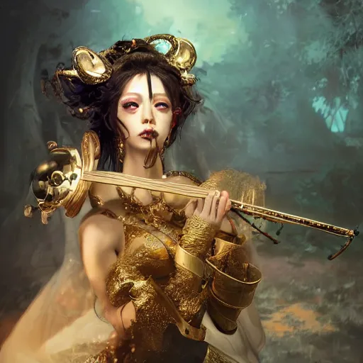 Image similar to the portrait, masked female violinist, exotic costumes, gold jewelry, black hair ， illustration by wenjun lin, irakli nadar, bright colors, octopath traveler, wenjun lin, unreal engine 5 highly rendered, global illumination, radiant light, detailed and intricate environment