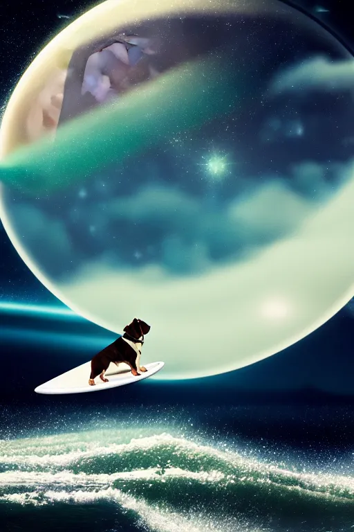 Image similar to beagle dog surfing a surfboard on a sparkly crashing wave of stardust in space, background is a moon in nebula, octane render, unreal engine, wide view, 8 k, highdetaild