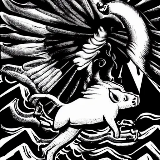 Prompt: winged flying pig with unicorn horn richard corben style black and white