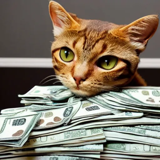 Image similar to brown floppa cat laying on stacks of money in bathtub