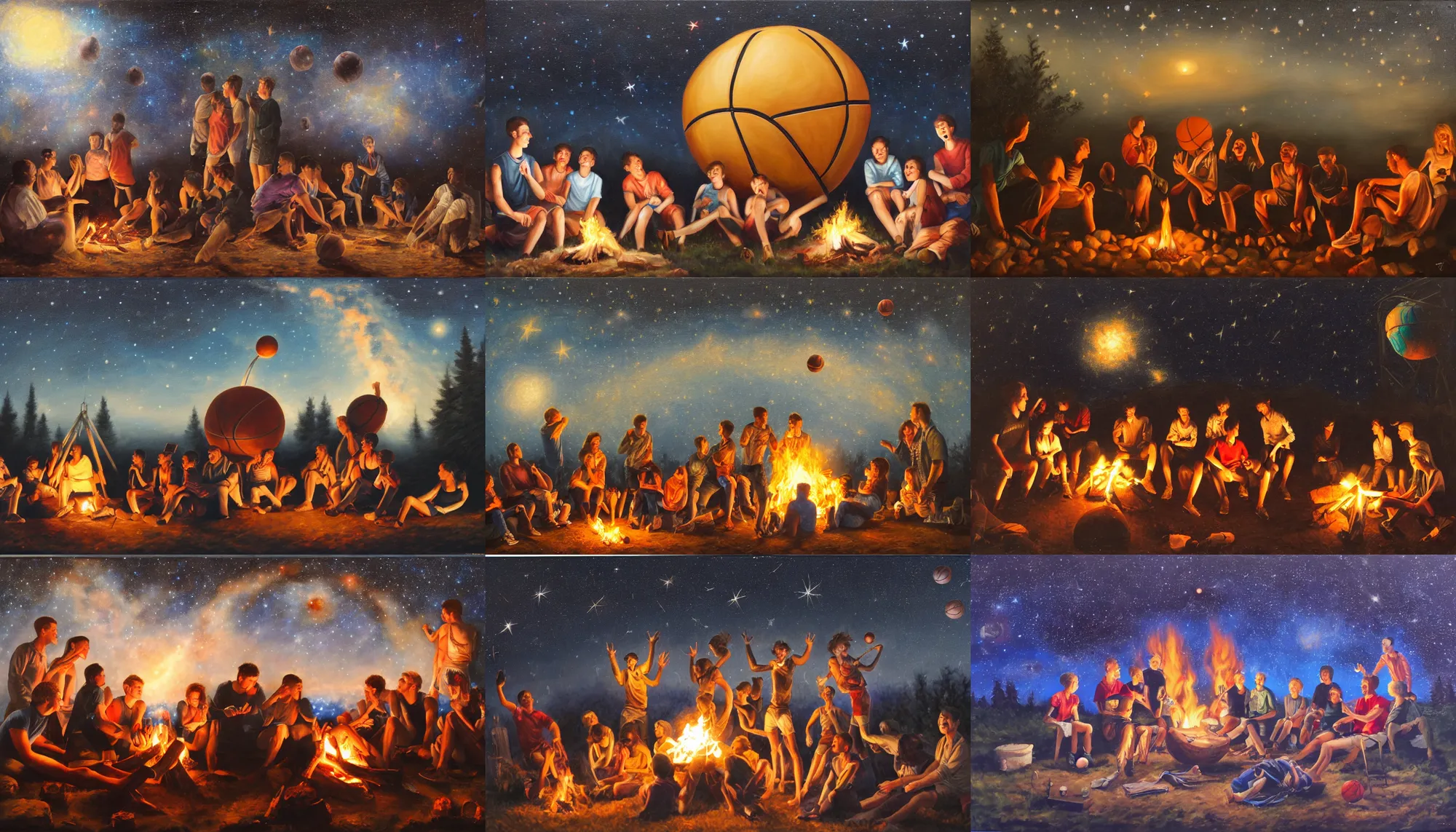 Prompt: a group of friends and a ( ( gigantic basketball ) ) looking at the stars, campfire, night, stardust, hyperdetailed, 8 k, oil painting