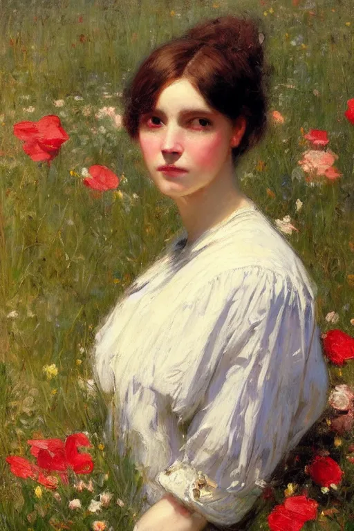 Image similar to Solomon Joseph Solomon and Richard Schmid and Jeremy Lipking victorian genre painting portrait painting of an elegant slim young cottagecore girl in an open field of flowers, red background