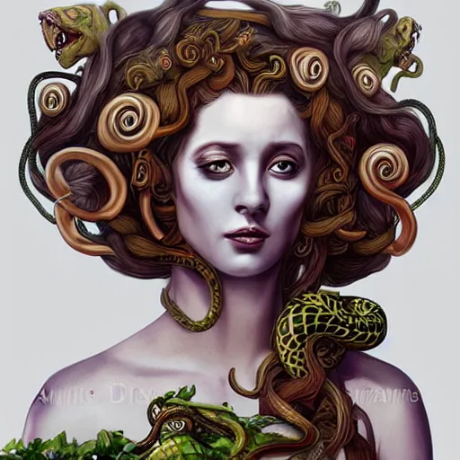 Prompt: realistic mythological greek medusa with snakes on the head full body, dressed in a queen's dress, by anna dittmann