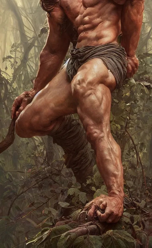 Image similar to god of the forest, 30 years old, rugged, male, gorgeous, detailed face face face face, amazing, thighs thighs thighs thighs, muscular, intricate, highly detailed, digital painting, artstation, concept art, sharp focus, illustration, art by greg rutkowski and alphonse mucha