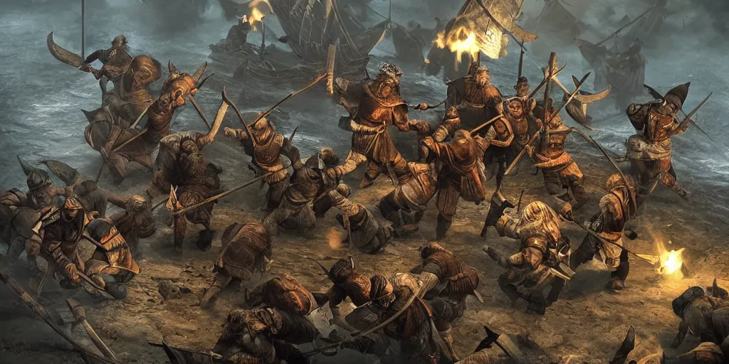 Image similar to Vikings fighting, very detailed and beautiful lighting