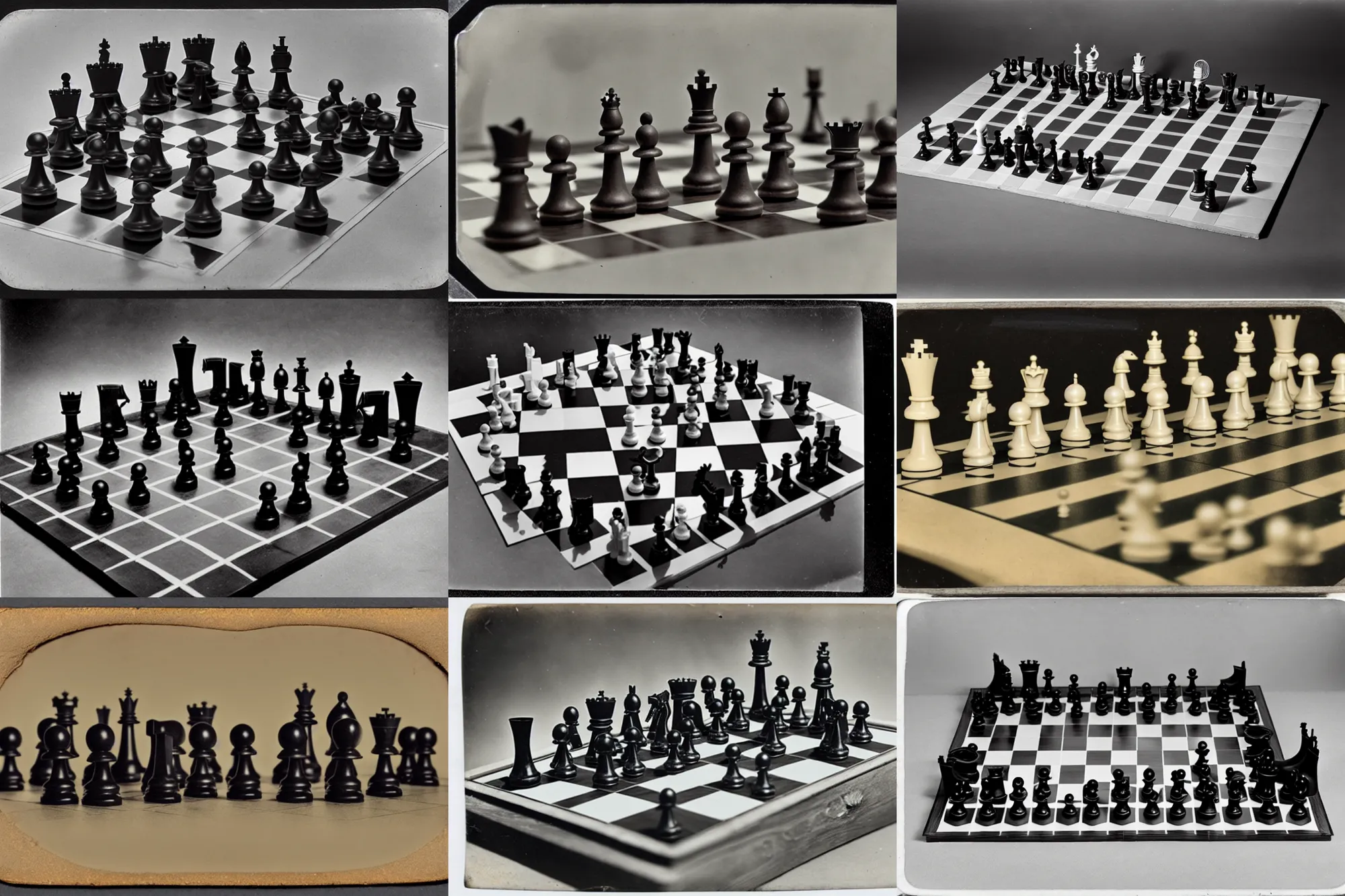 Prompt: tintype photo of a surrealist chess set designed by marcel duchamp