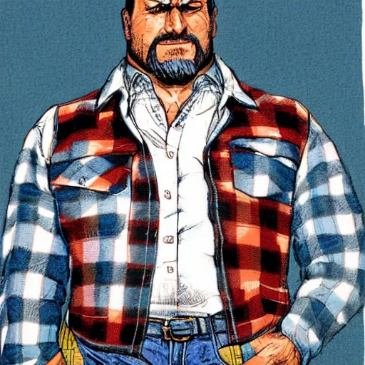 Image similar to character concept art HD render of a modern human, with a strongman's build, wearing a flannel jacket and blue jeans. by Michael William Kaluta.