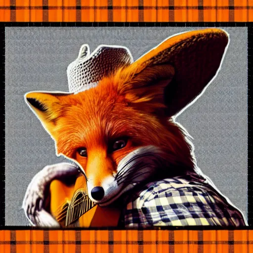 Image similar to a female fluffy anthropomorphic fox animal, head of fox, wearing cowboy hat, wearing plaid shirt, playing guitar, in a field, barn in background, album cover style